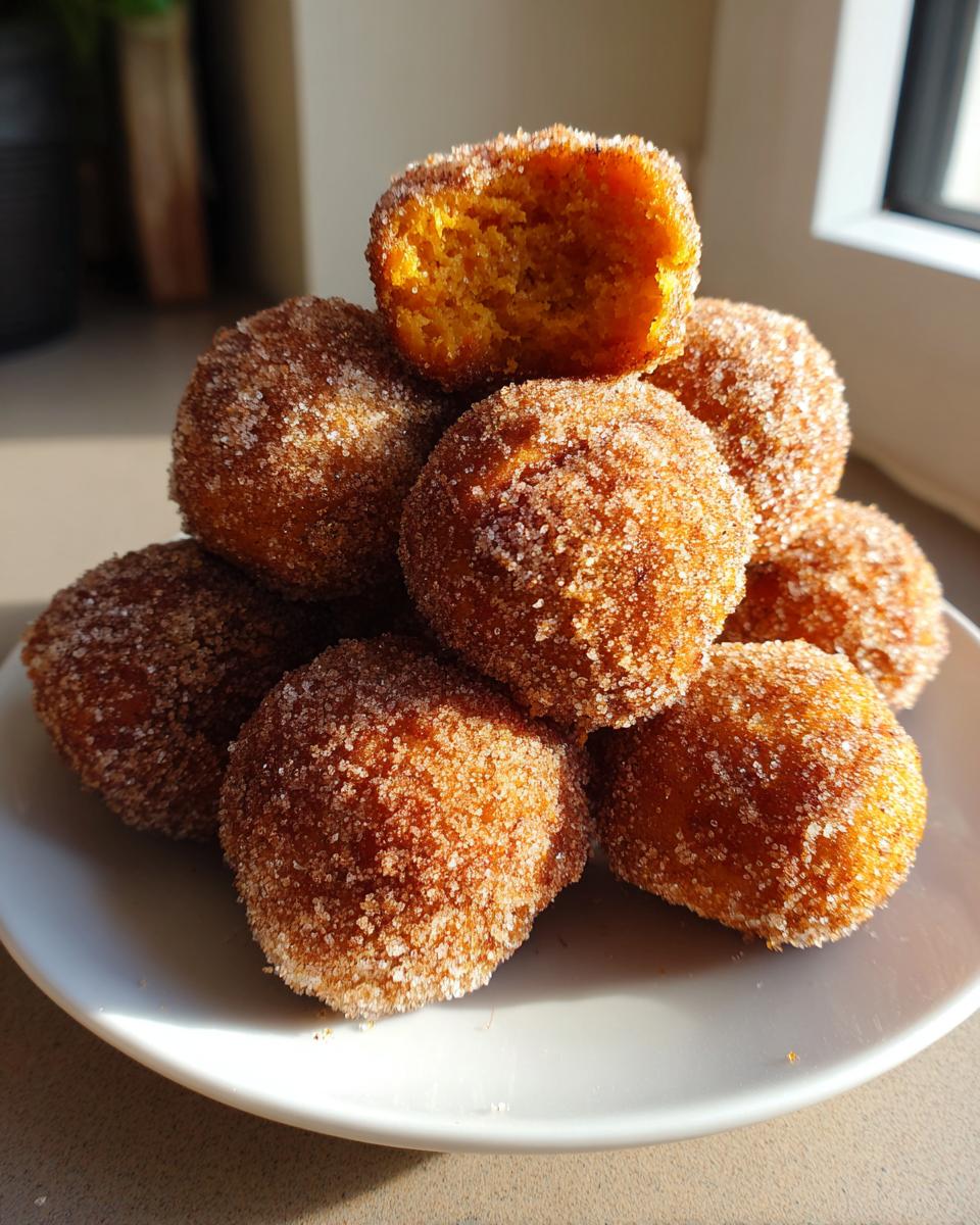 A stack of golden brown Churro Pumpkin Bites heavily coated in cinnamon sugar, with one bite broken open showing the orange interior.