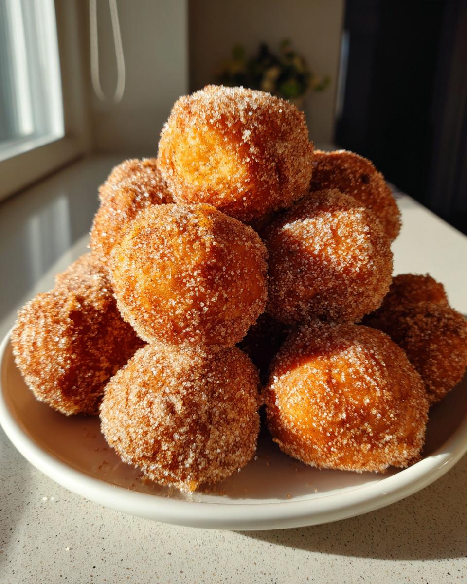 A stack of golden brown, sugar-coated Churro Pumpkin Bites piled high on a white plate.