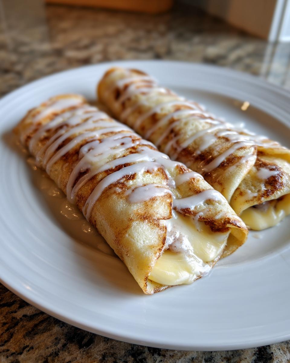 Two rolled Cinnamon Roll Protein Crepes drizzled with white icing, resting on a white plate.