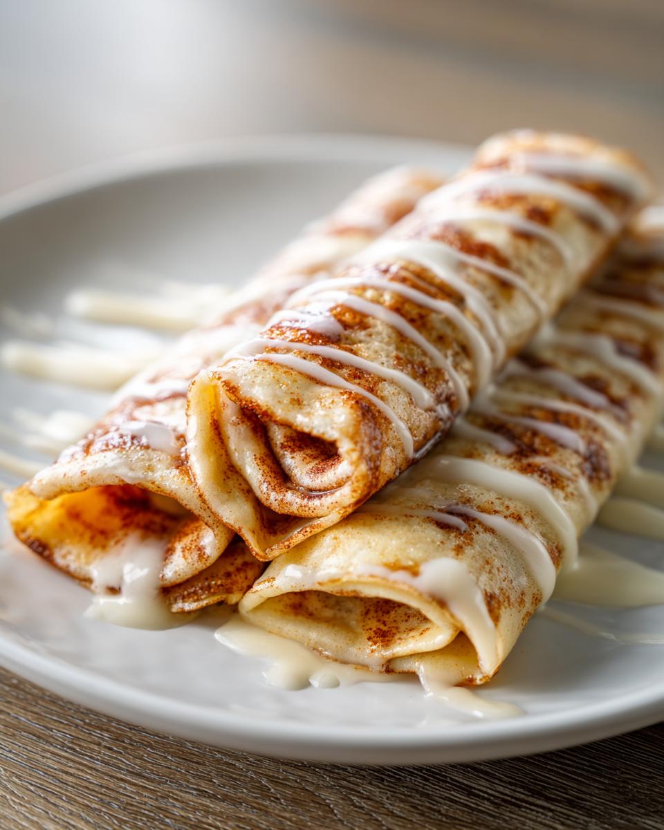 Close-up of rolled Cinnamon Roll Protein Crepes drizzled generously with white icing on a white plate.