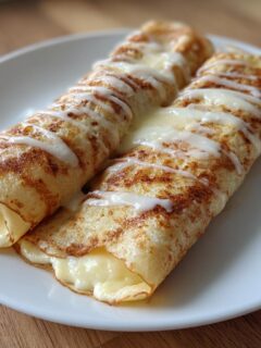 Two rolled Cinnamon Roll Protein Crepes drizzled with white icing, served on a white plate.