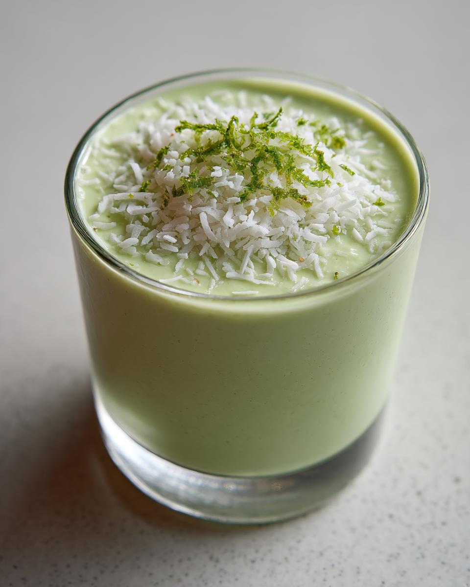 Close-up of a light green Coconut Key Lime Pie Smoothie topped with shredded coconut and lime zest.