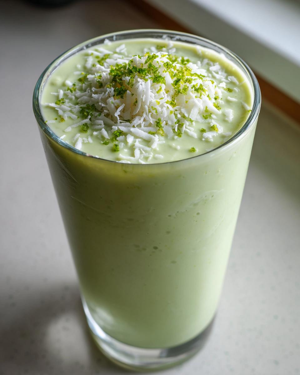 Close-up of a light green Coconut Key Lime Pie Smoothie topped with shredded coconut and lime zest.