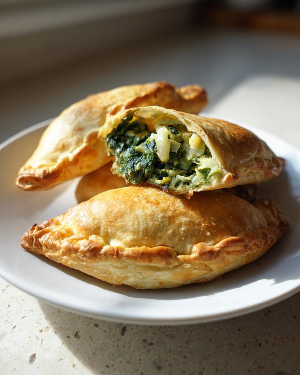 Close-up of golden baked Cold Spinach Artichoke Hand Pies, one cut open revealing the creamy filling.