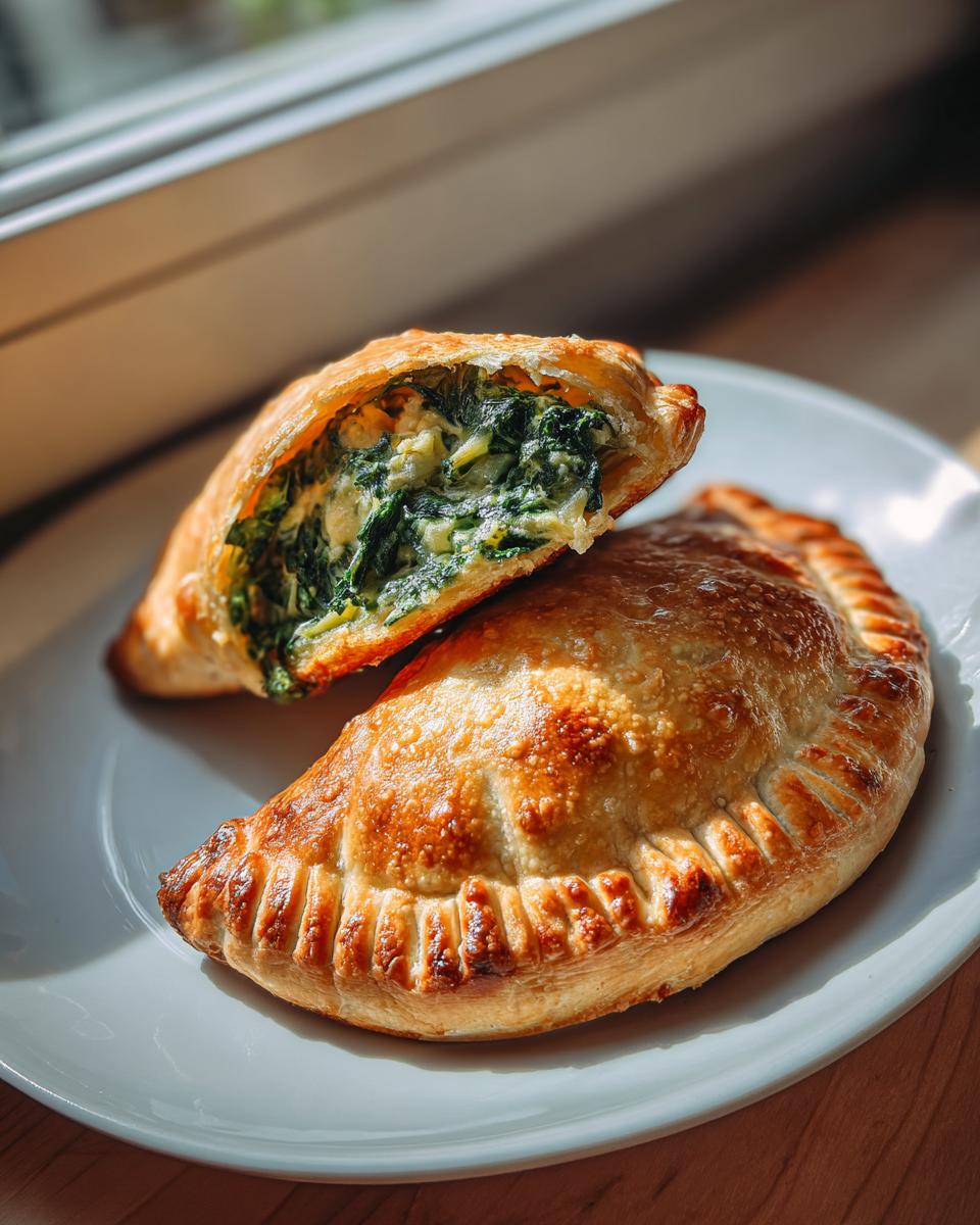 Two golden-brown Cold Spinach Artichoke Hand Pies on a white plate, one cut open revealing the creamy spinach and artichoke filling.