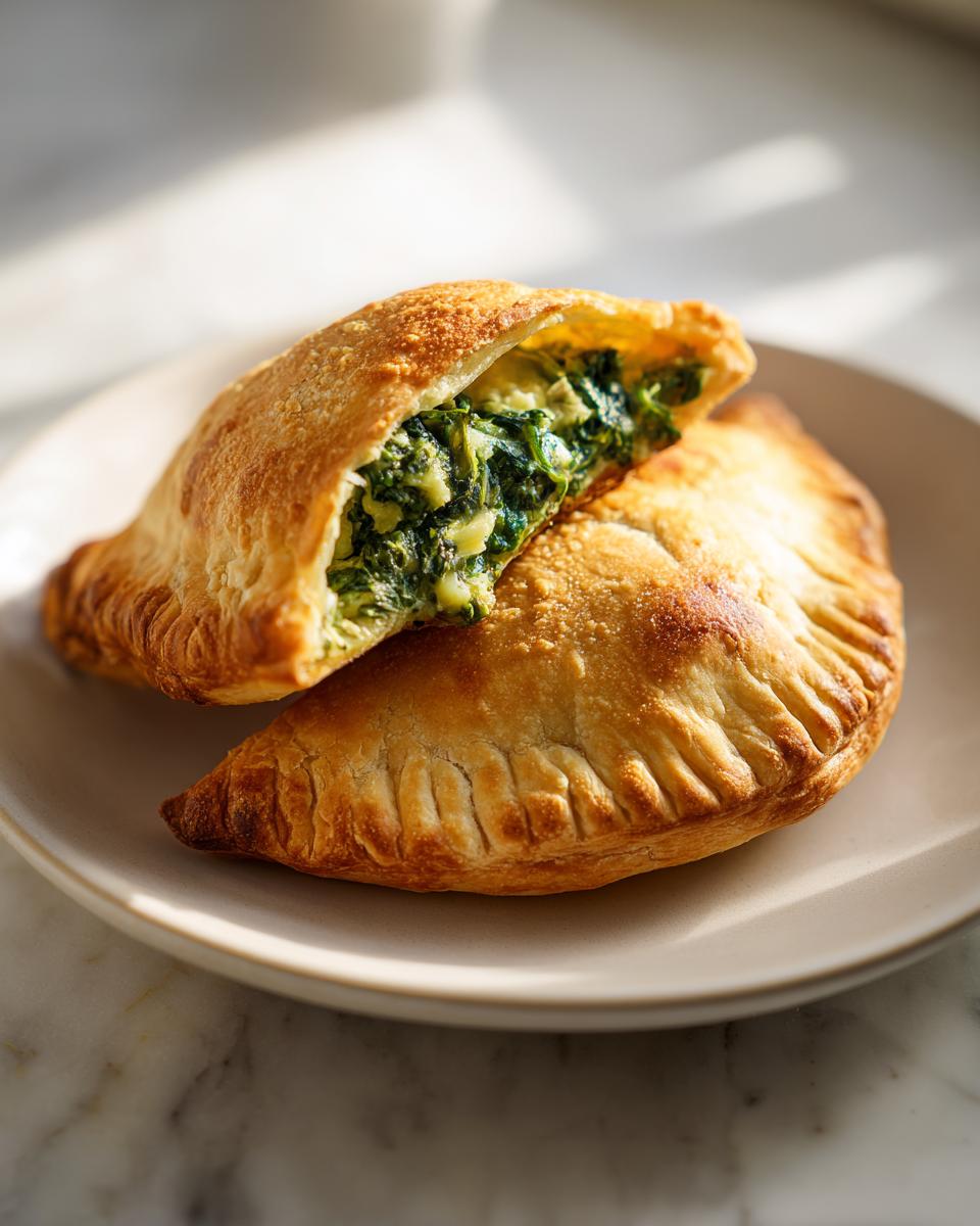 Close-up of two golden Cold Spinach Artichoke Hand Pies, one cut open revealing the creamy spinach and artichoke filling.