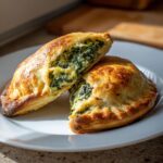 Two golden-brown Cold Spinach Artichoke Hand Pies, one cut in half showing the creamy spinach and artichoke filling.