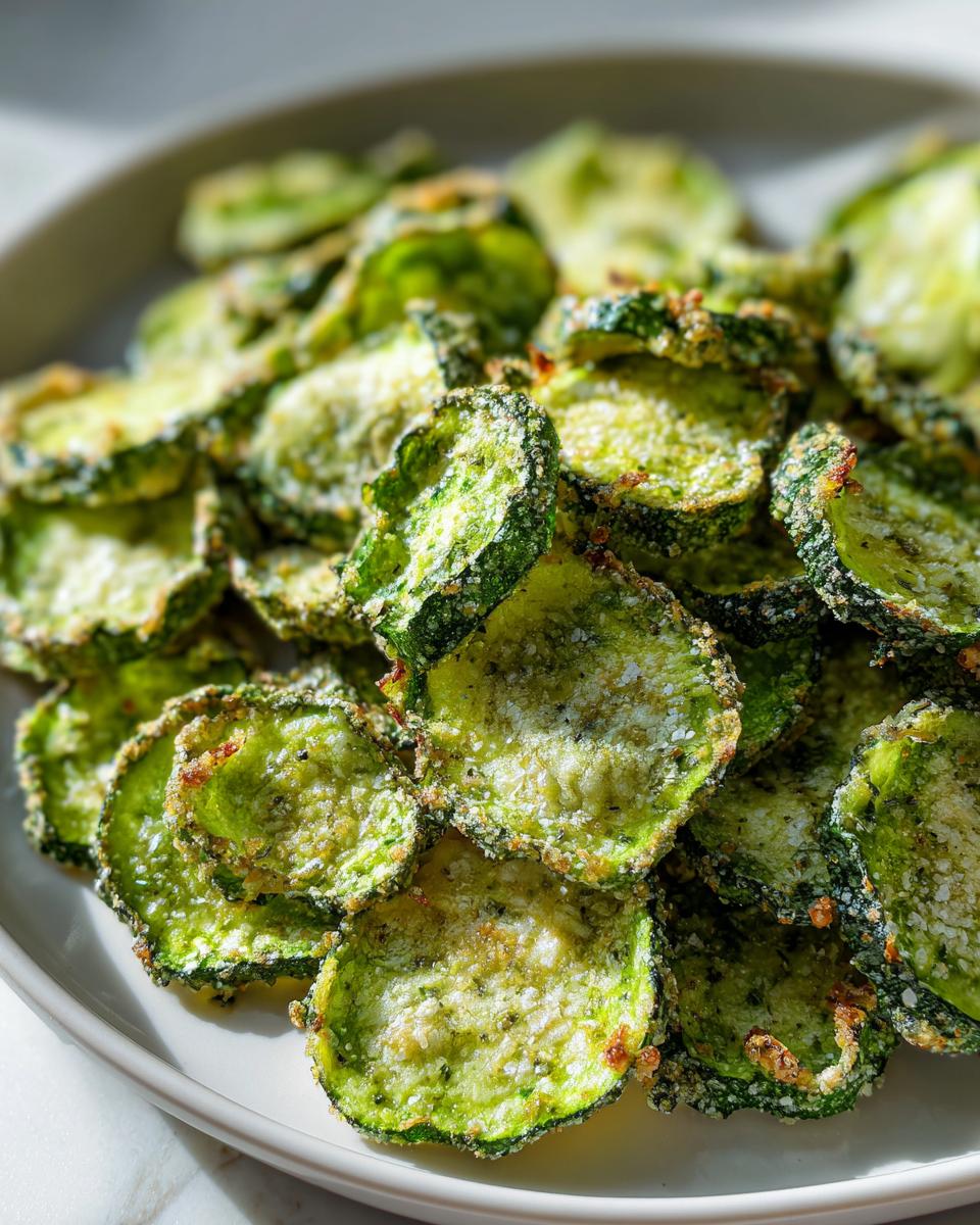 Close-up of baked Cool Ranch Cucumber Chips seasoned with herbs and cheese on a light plate.