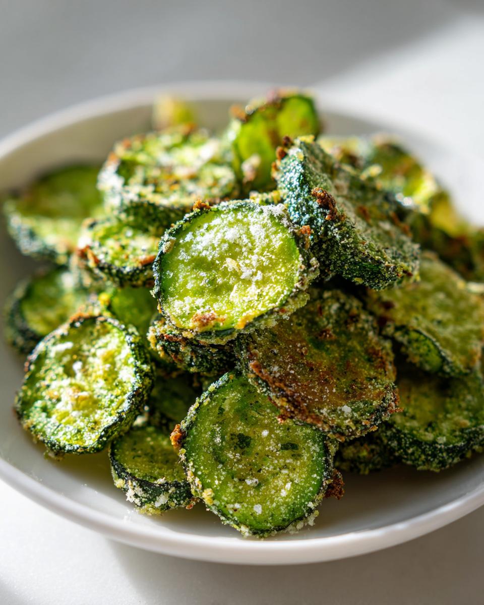 Close-up of baked or air-fried Cool Ranch Cucumber Chips seasoned with a white powdery coating.