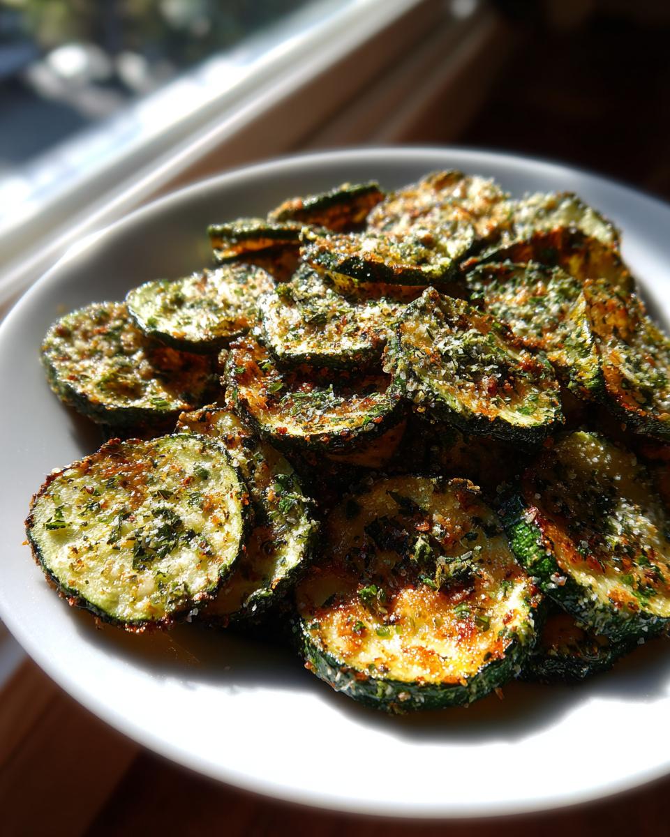 A white bowl piled high with baked or roasted zucchini chips seasoned with herbs, resembling Cool Ranch Cucumber Chips.