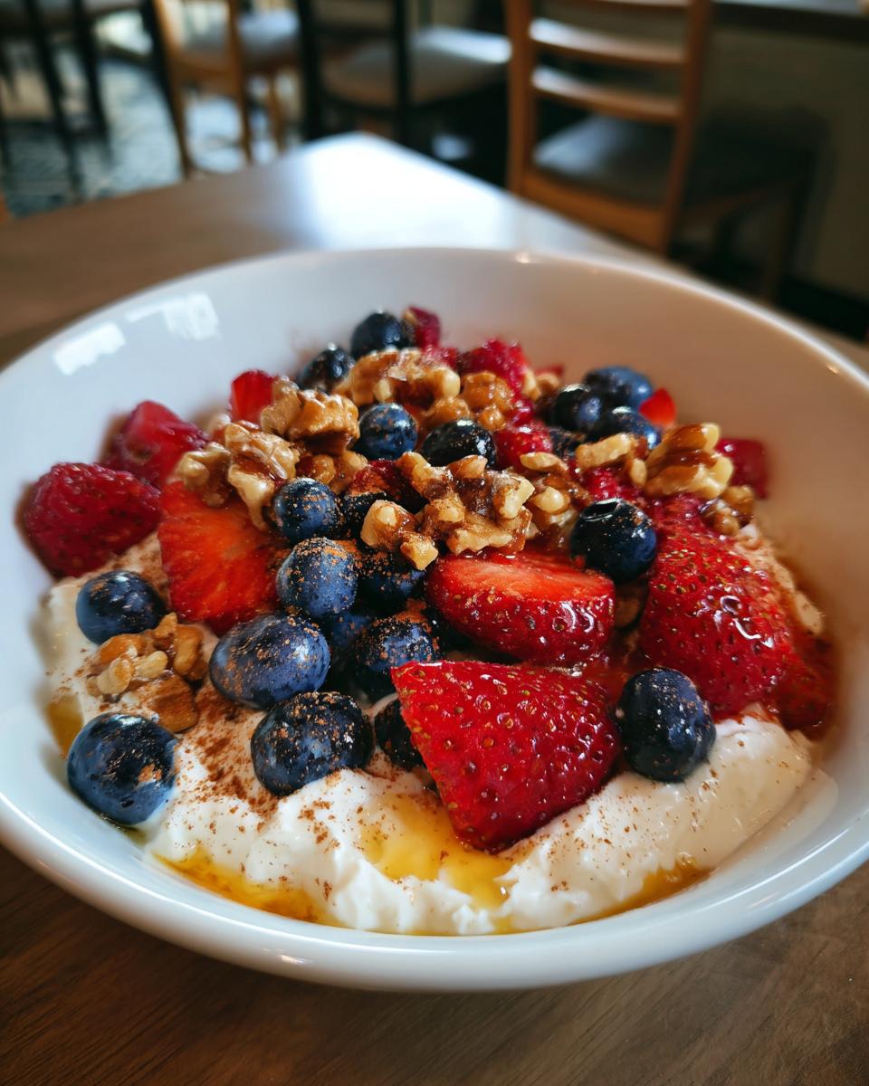 Close-up of a white bowl filled with Cottage Cheese Breakfast Bowls topped with strawberries, blueberries, walnuts, and honey.