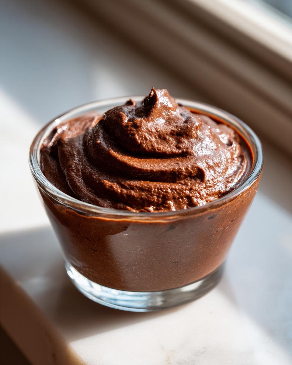 A close-up of rich, dark brown Cottage Cheese Chocolate Mousse swirled high in a clear glass cup.