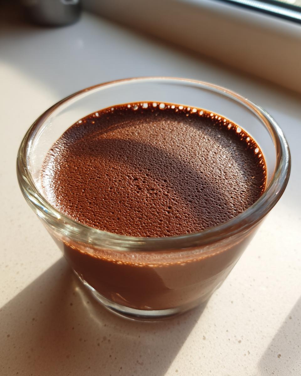 Close-up of rich, dark brown Cottage Cheese Chocolate Mousse in a small clear cup.