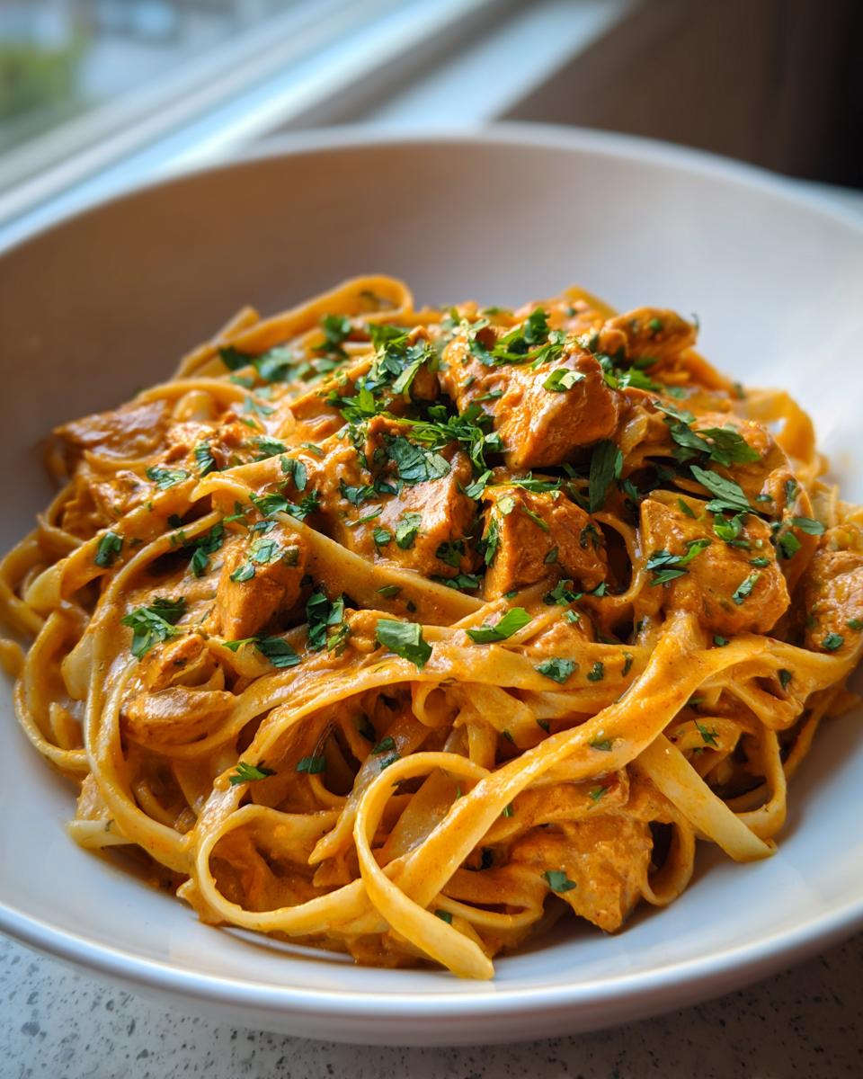 Close-up of creamy Cowboy Butter Chicken Linguine topped with fresh parsley in a white bowl.