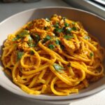 A close-up of a bowl filled with creamy, orange-hued Cowboy Butter Chicken Linguine topped with fresh parsley.