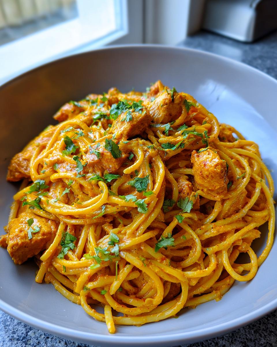 Close-up of a bowl filled with creamy Cowboy Butter Chicken Linguine, topped with fresh chopped parsley.