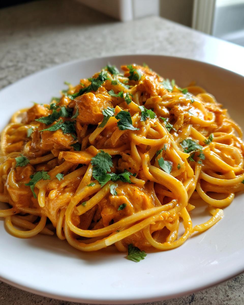 Close-up of a white plate piled high with Cowboy Butter Chicken Linguine, coated in a rich orange sauce and topped with fresh cilantro.