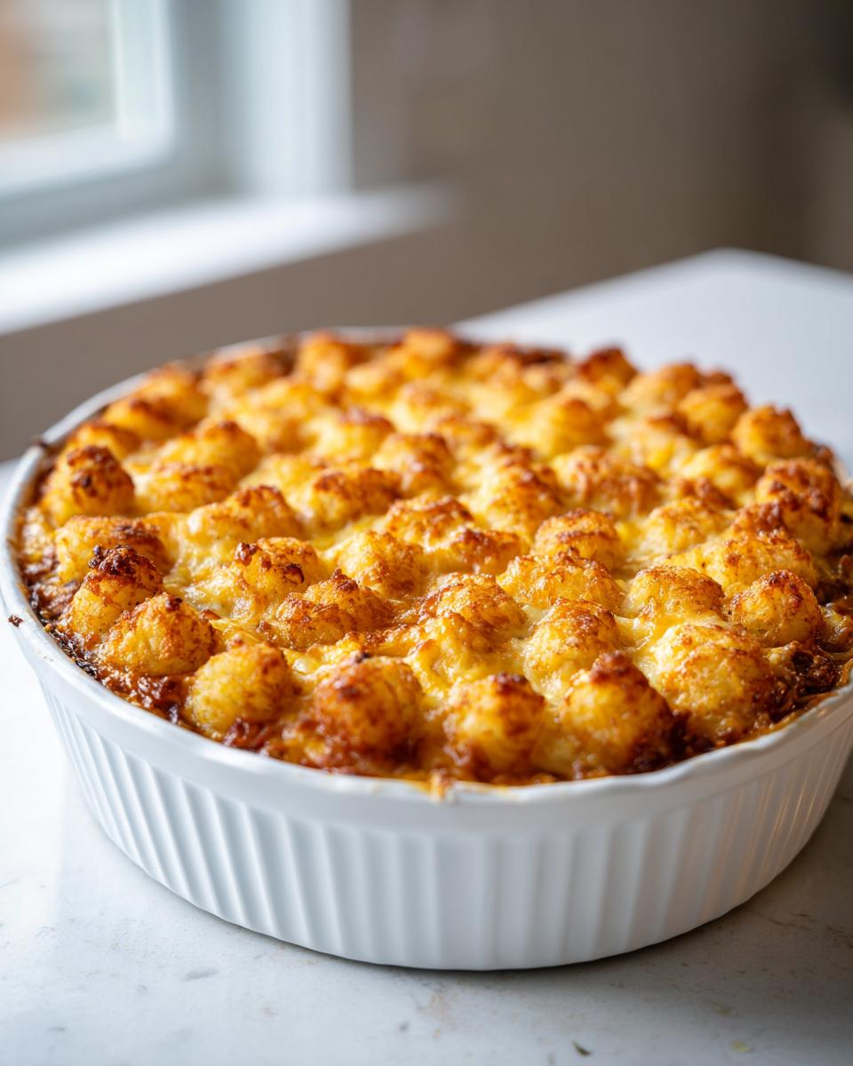 A freshly baked Cracked Out Chicken Tater Tot Casserole topped with golden, crispy tater tots and melted cheese in a white baking dish.