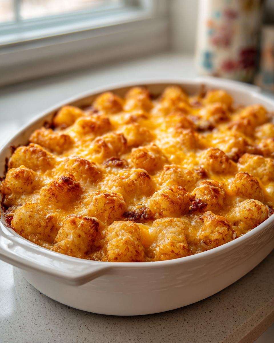 A golden brown Cracked Out Chicken Tater Tot Casserole topped with melted cheddar cheese in a white oval baking dish.