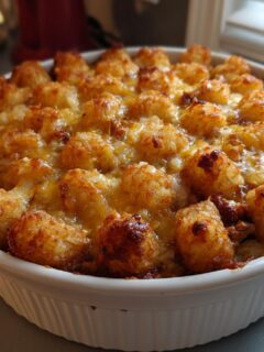 Close-up of a baked Cracked Out Chicken Tater Tot Casserole with golden, crispy tater tots and melted cheese.
