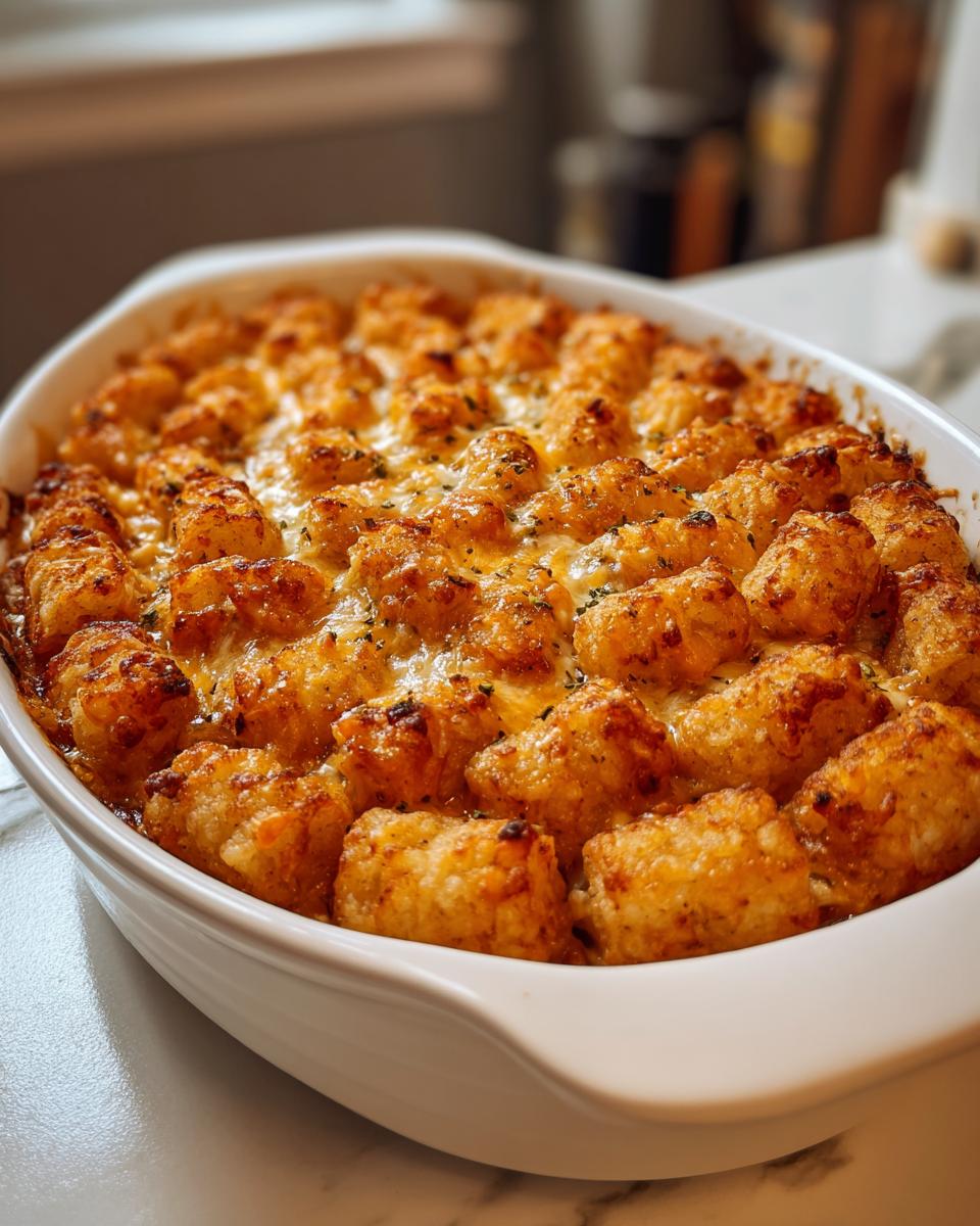 Close-up of a baked Cracked Out Chicken Tater Tot Casserole topped with crispy tater tots and melted cheese.