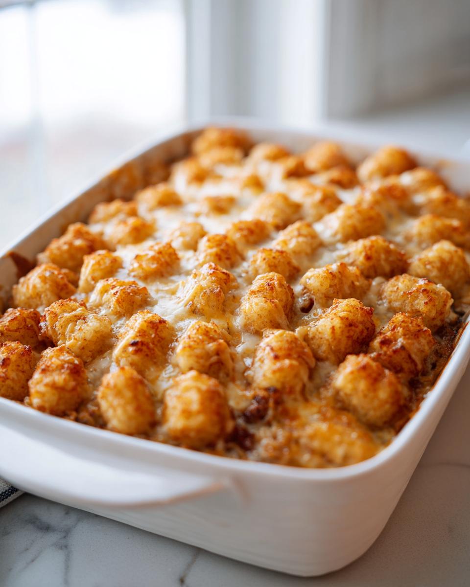 A white baking dish filled with golden brown Cracked Out Chicken Tater Tot Casserole topped with melted cheese.