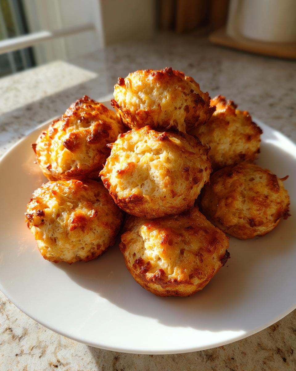 A stack of seven golden-brown, baked Cream Cheese Sausage Balls on a white plate.