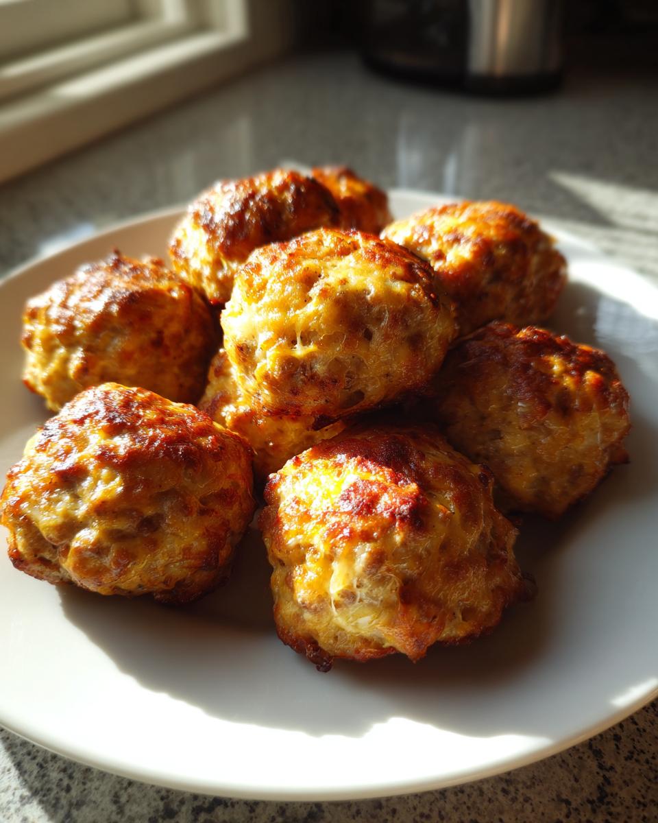 A plate of freshly baked, golden-brown Cream Cheese Sausage Balls catching the sunlight.
