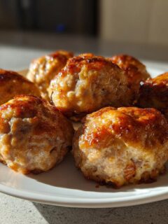 A plate of freshly baked, golden brown Cream Cheese Sausage Balls catching the sunlight.