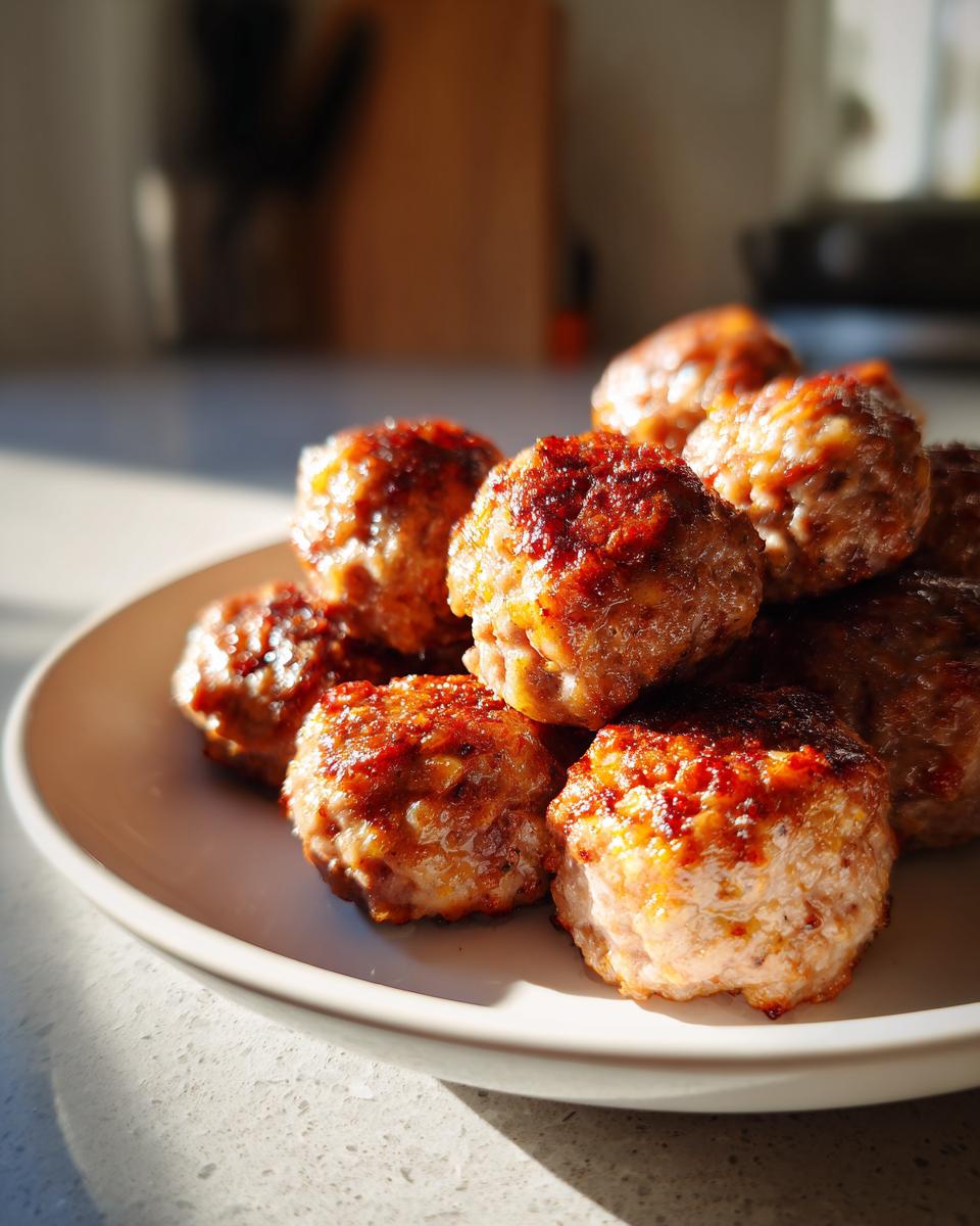 A close-up of freshly baked Cream Cheese Sausage Balls piled on a light-colored plate, showing a golden-brown, slightly crispy exterior.