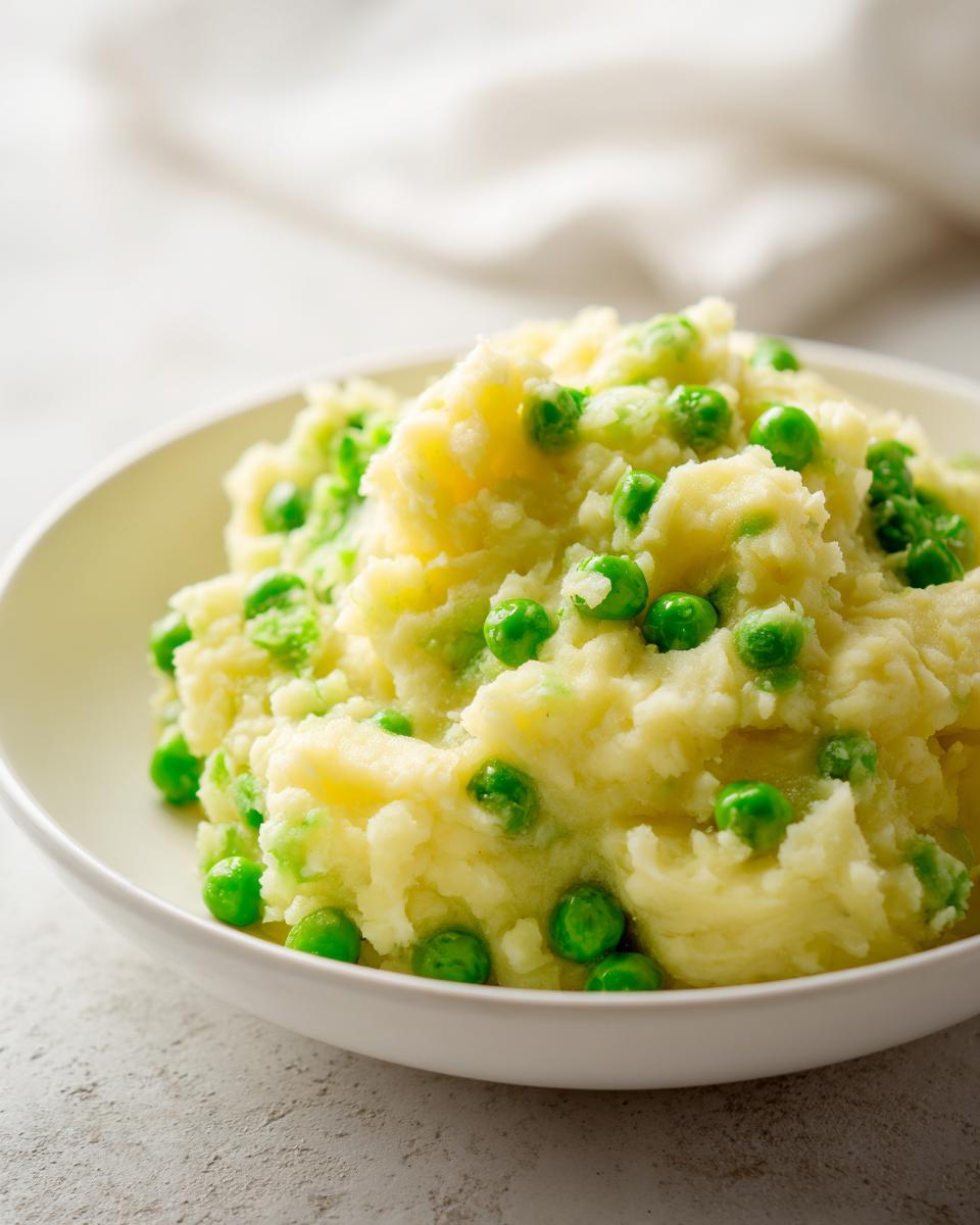 Close-up of a white bowl filled with creamy mashed potatoes mixed generously with bright green peas, our Creamed Peas And Potatoes.