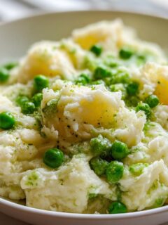 Close-up of creamy mashed potatoes mixed with bright green peas, featuring Creamed Peas And Potatoes.