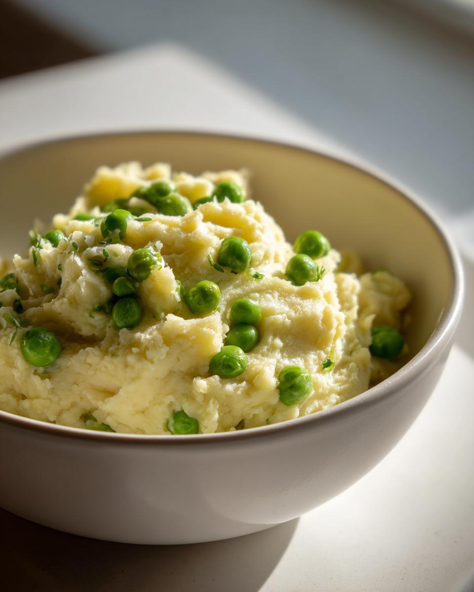 A close-up of creamy mashed potatoes mixed with bright green peas, known as Creamed Peas And Potatoes, in a light bowl.