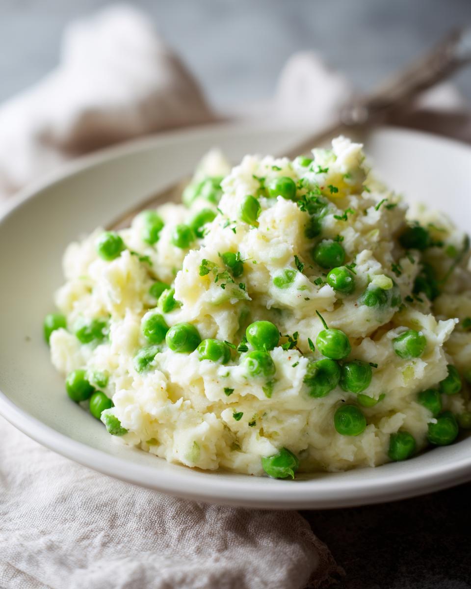 Close-up of a bowl filled with creamy mashed potatoes mixed with bright green peas, garnished with chopped parsley, representing Creamed Peas And Potatoes.