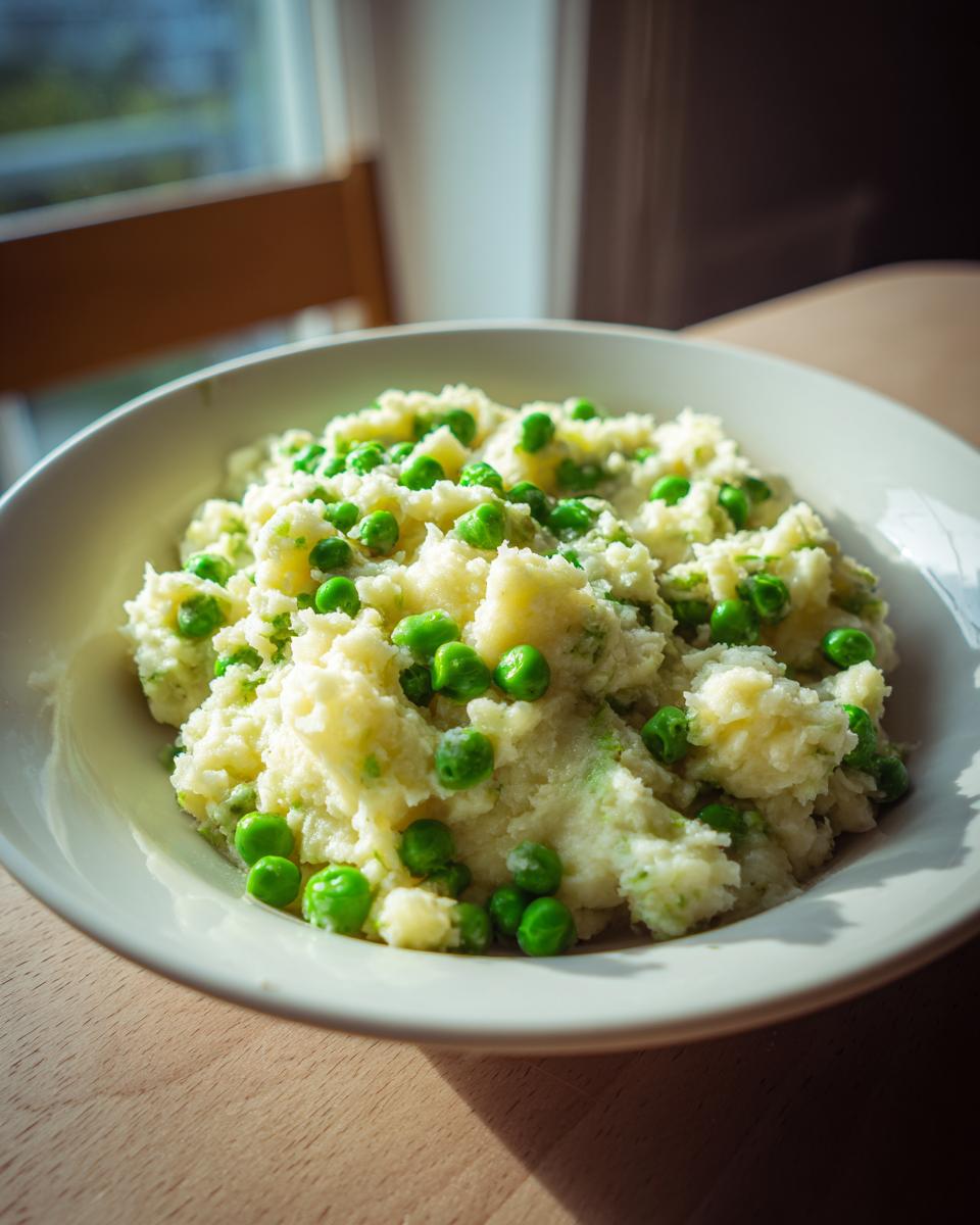 A close-up of a white bowl filled with creamy mashed potatoes mixed generously with bright green peas, known as Creamed Peas And Potatoes.