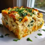 A thick, square serving of Creamy Chicken Potato Casserole Paleo Whole30, showing shredded chicken, orange sweet potato chunks, and a creamy sauce, topped with fresh parsley.