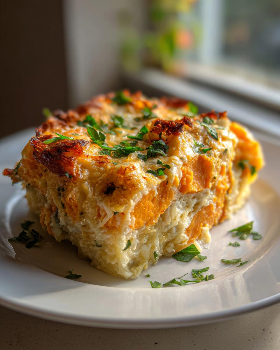 A single serving of Creamy Chicken Potato Casserole Paleo Whole30 with a golden-brown top, served on a white plate.