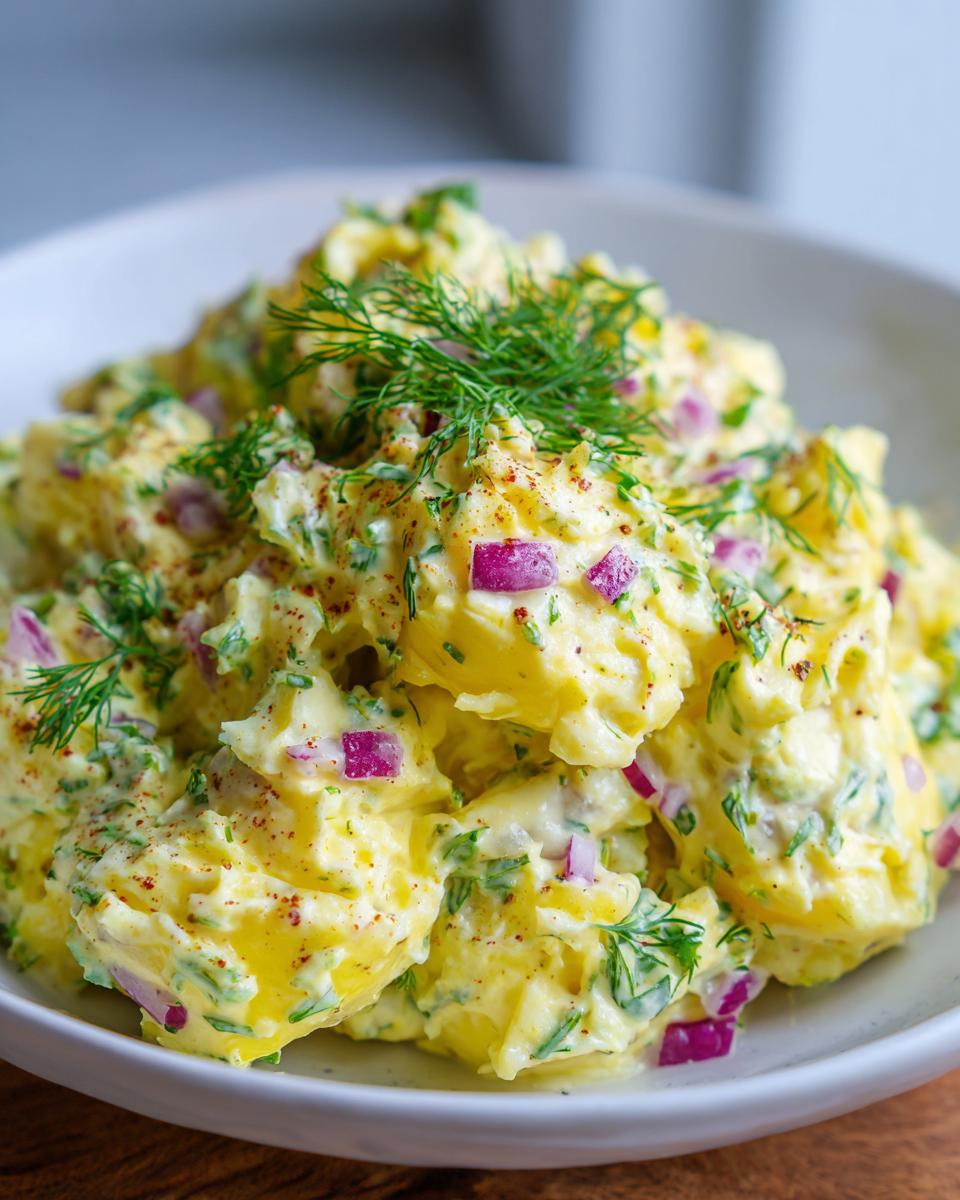 Close-up of creamy Dill Pickle Potato Salad mixed with chopped red onion and topped with fresh dill.