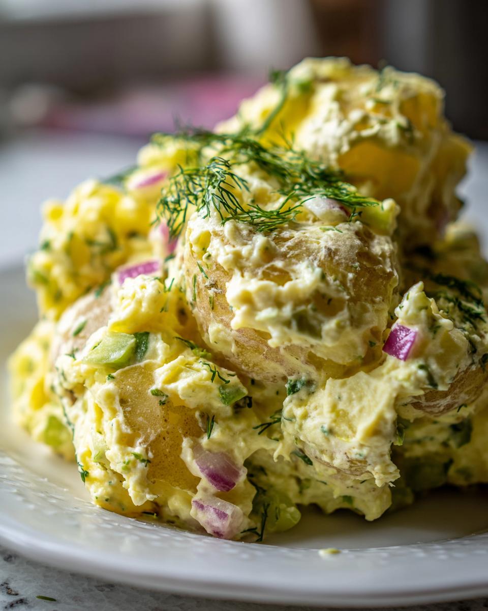 Close-up of creamy Dill Pickle Potato Salad featuring chunks of potato, red onion, and topped with fresh dill.