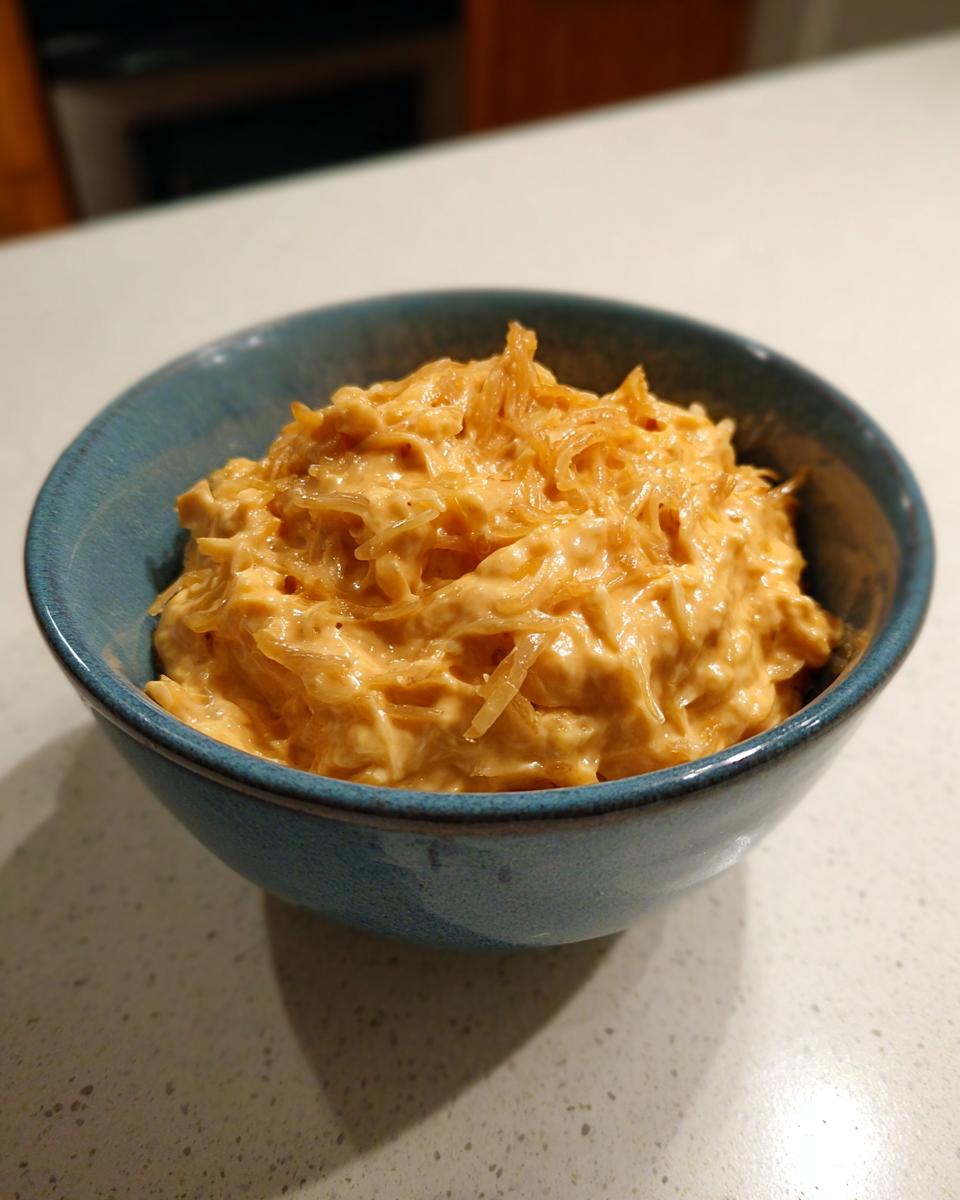 Close-up of a creamy, orange-hued French Onion Dip topped with caramelized onions in a blue bowl.