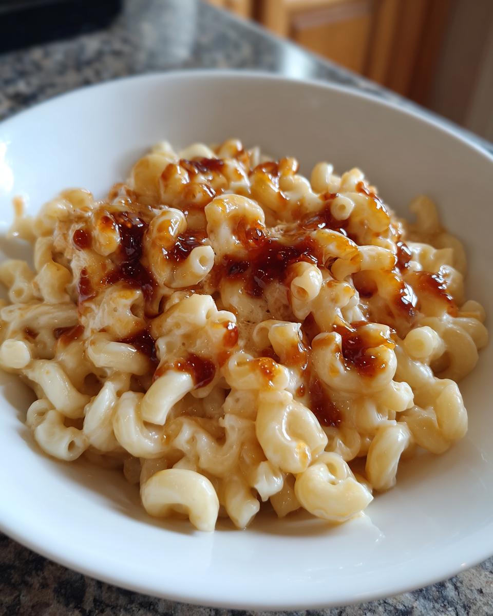 A close-up of creamy mac and cheese topped with a dark, sweet and spicy honey pepper sauce.