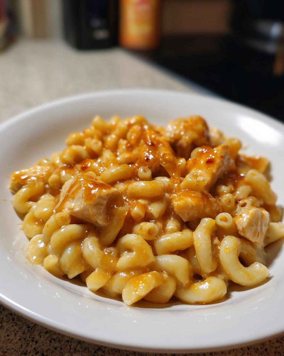 A close-up of Creamy Honey Pepper Chicken Mac And Cheese Delight featuring elbow macaroni and chunks of chicken in a rich sauce.