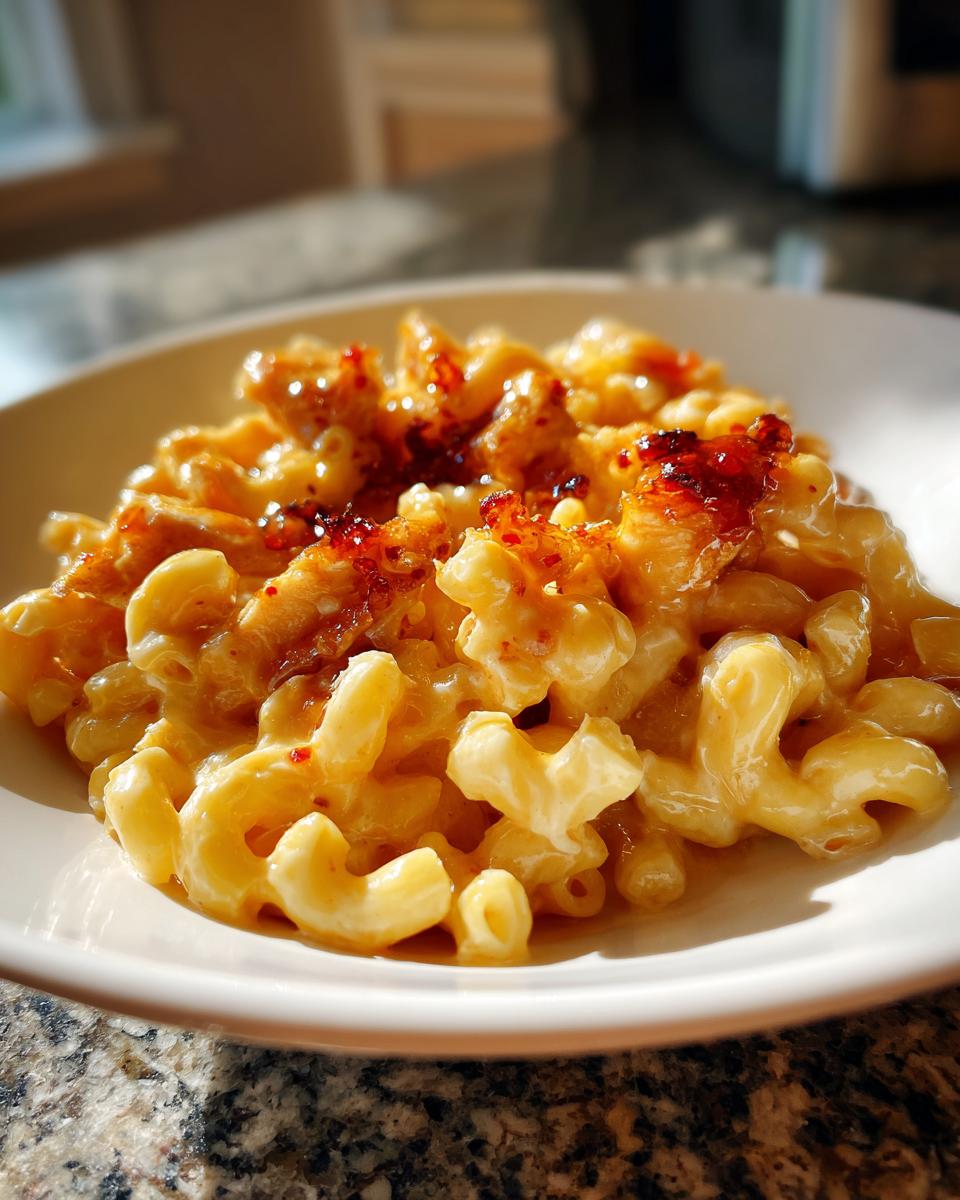 Close-up of Creamy Honey Pepper Chicken Mac And Cheese Delight in a white bowl, topped with crispy chicken pieces.