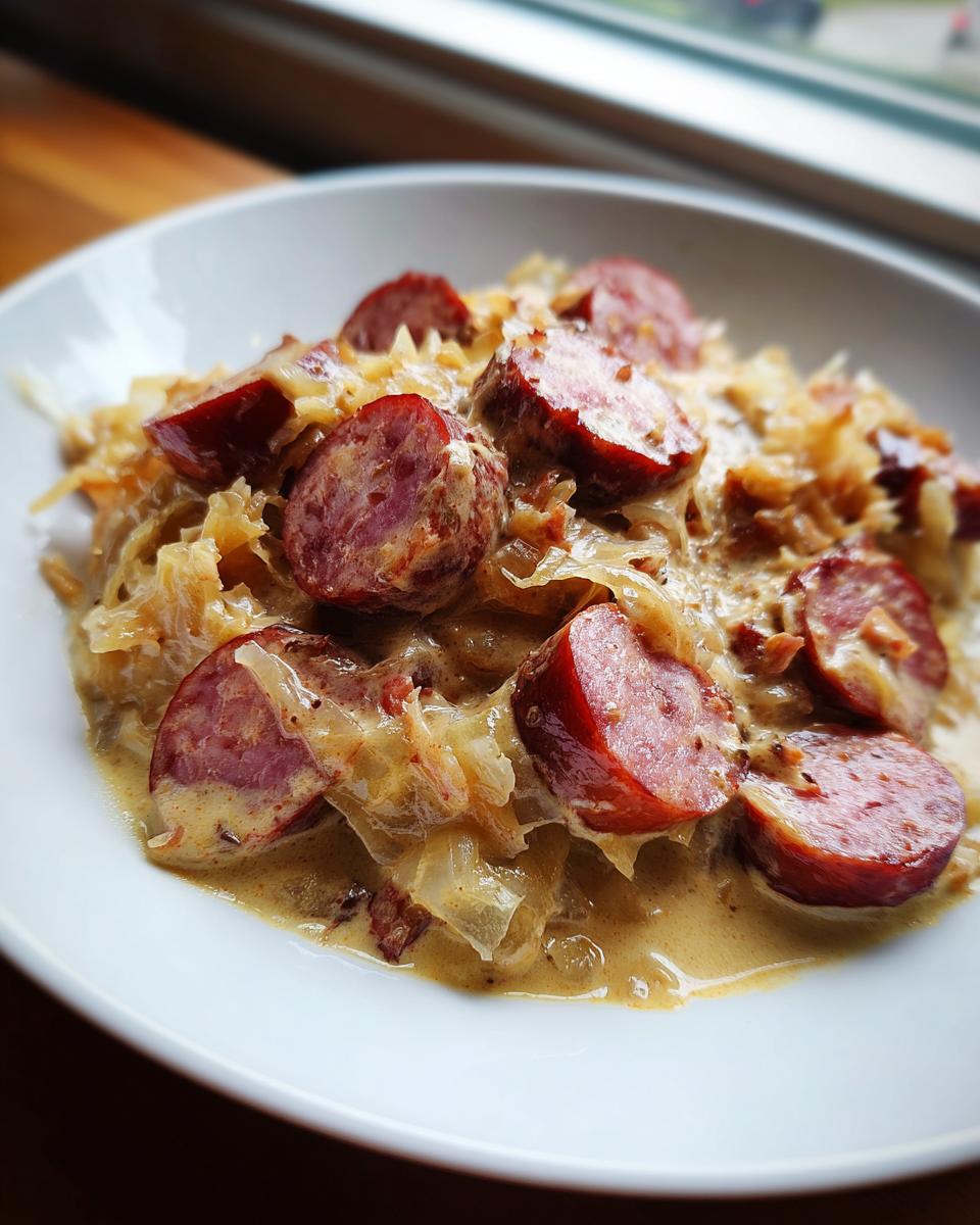 Close-up of a white bowl filled with Creamy Kielbasa And Sauerkraut, featuring sliced sausage in a rich sauce.