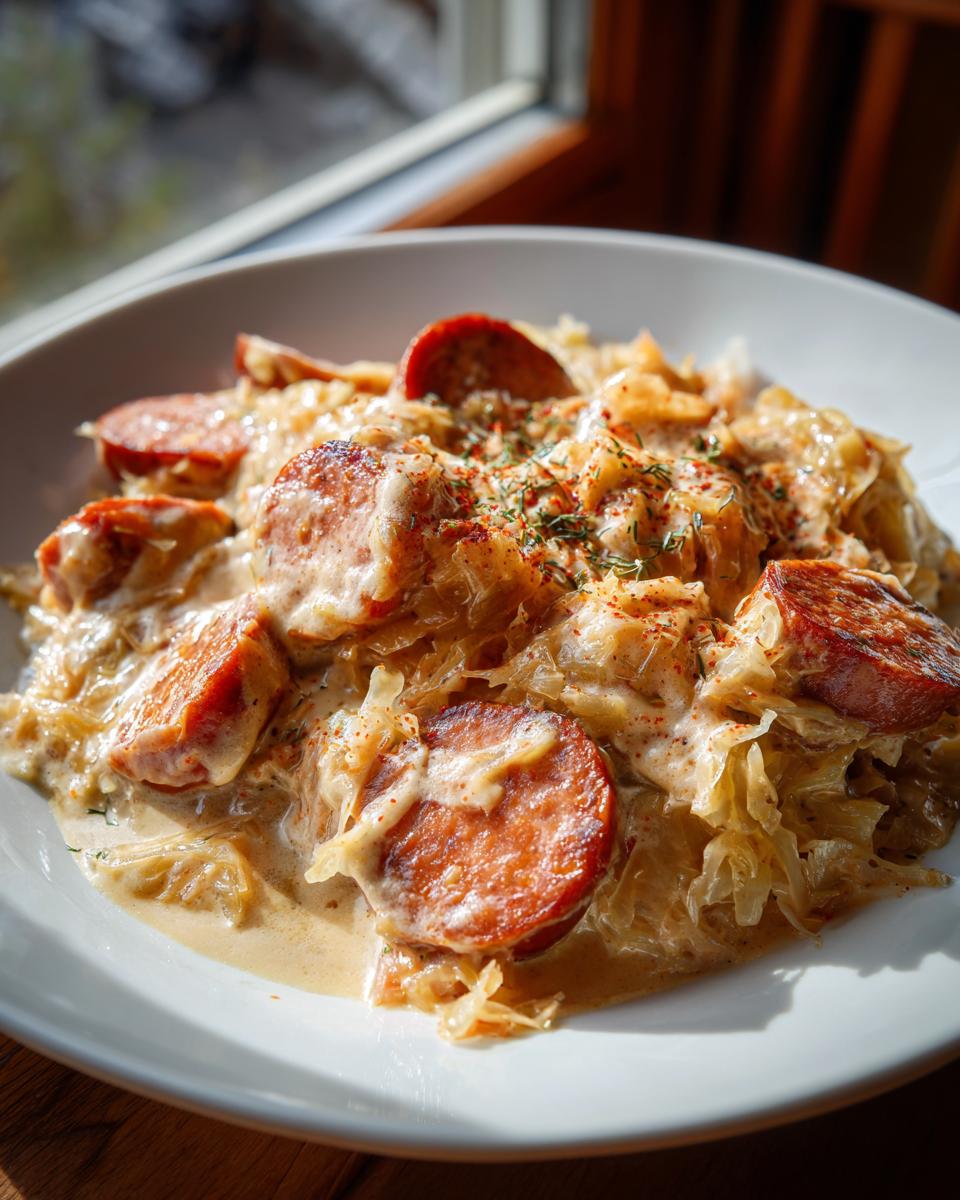 A close-up of Creamy Kielbasa And Sauerkraut served in a white bowl, topped with herbs and paprika.
