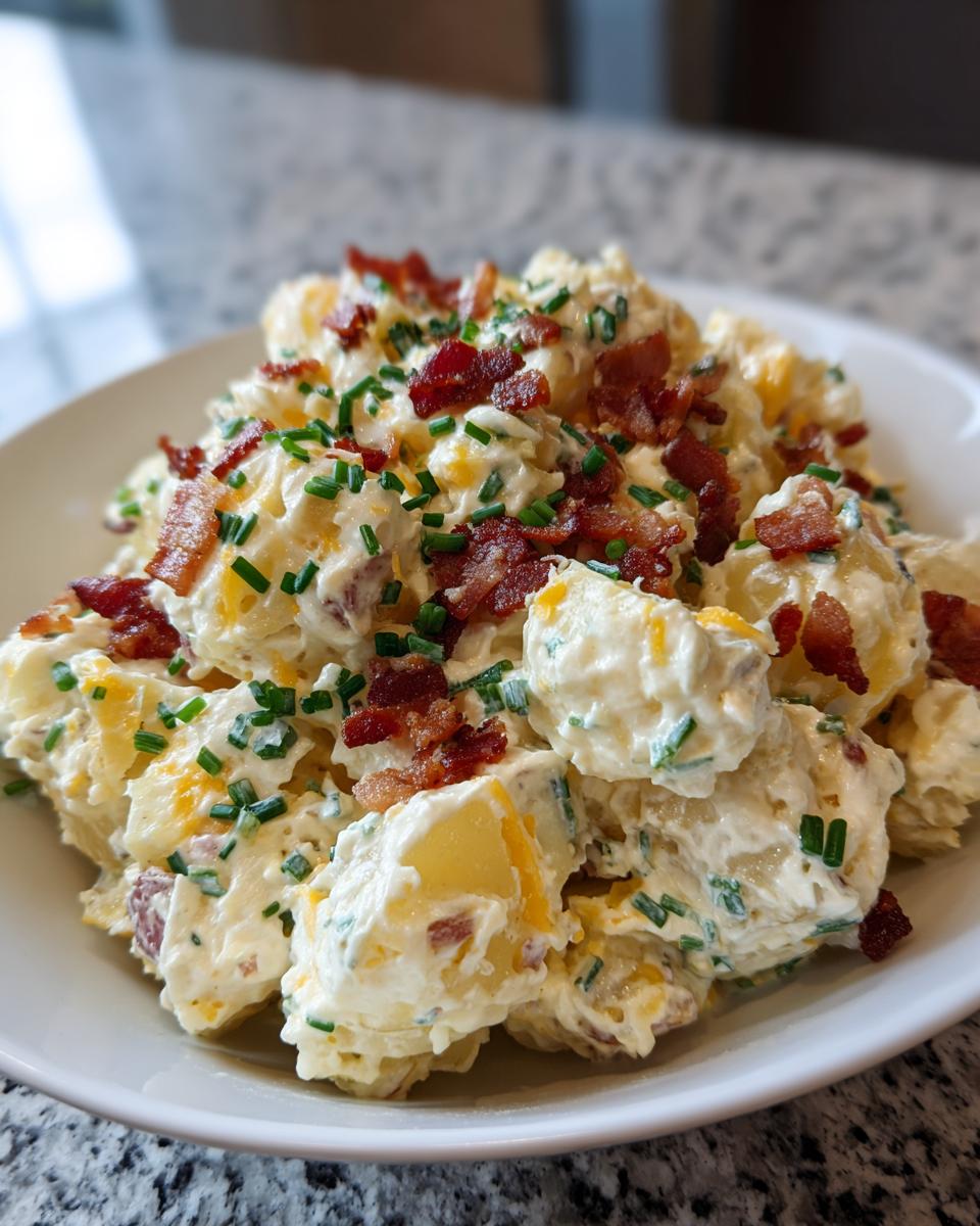 A close-up of creamy Loaded Potato Salad topped generously with crumbled bacon and fresh chopped chives.