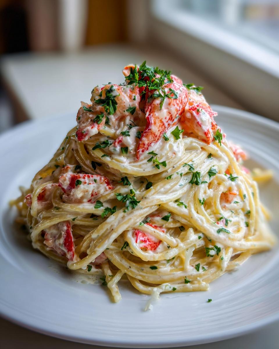A tall serving of Creamy Lobster Spaghettini tossed in rich sauce and topped with chunks of lobster meat and fresh parsley.