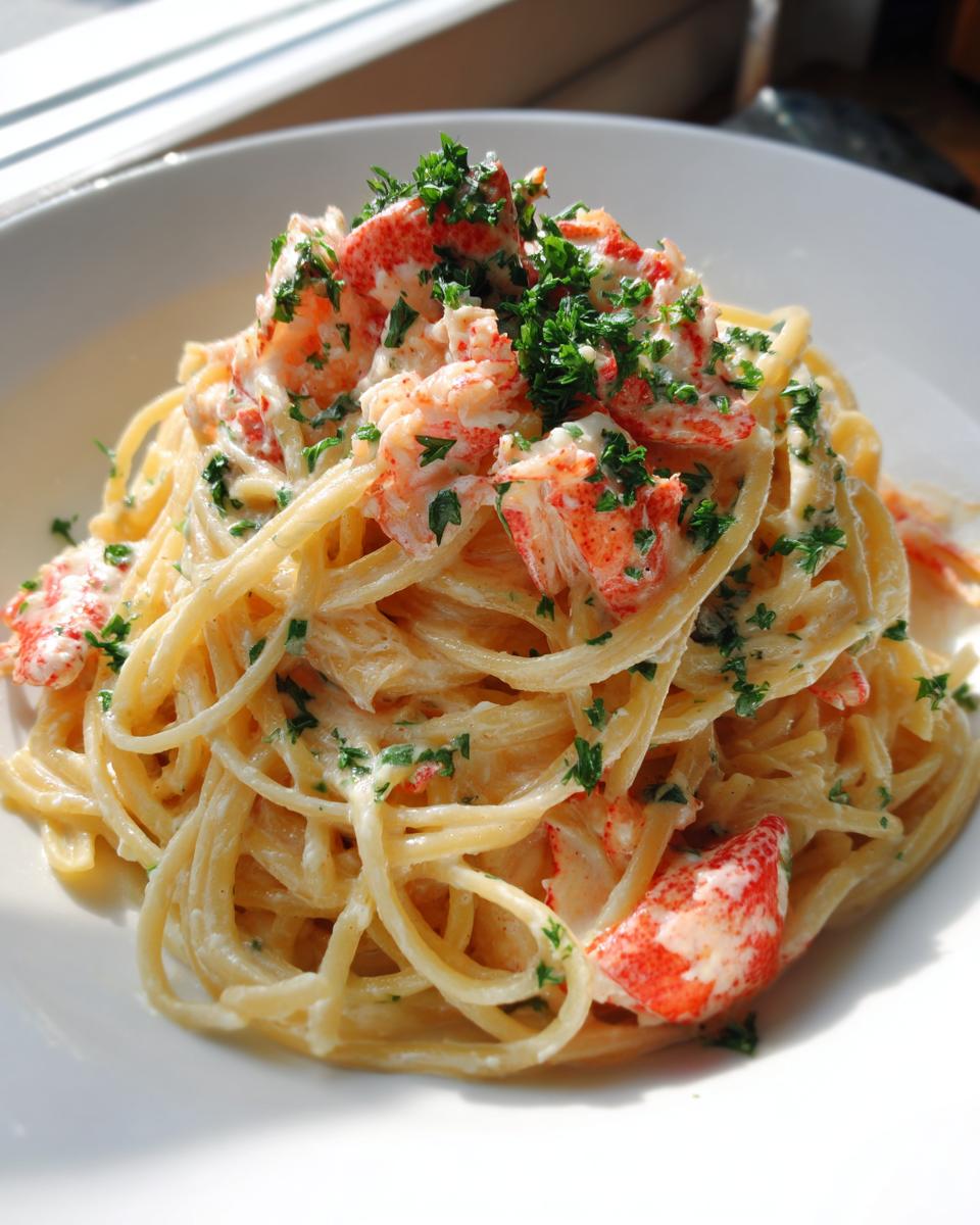 A close-up of a generous serving of Creamy Lobster Spaghettini tossed in a rich sauce and topped with fresh lobster pieces and chopped parsley.