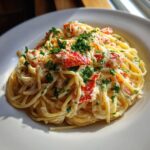 A close-up of a white bowl filled with Creamy Lobster Spaghettini, topped with chunks of bright red lobster meat and fresh green parsley.