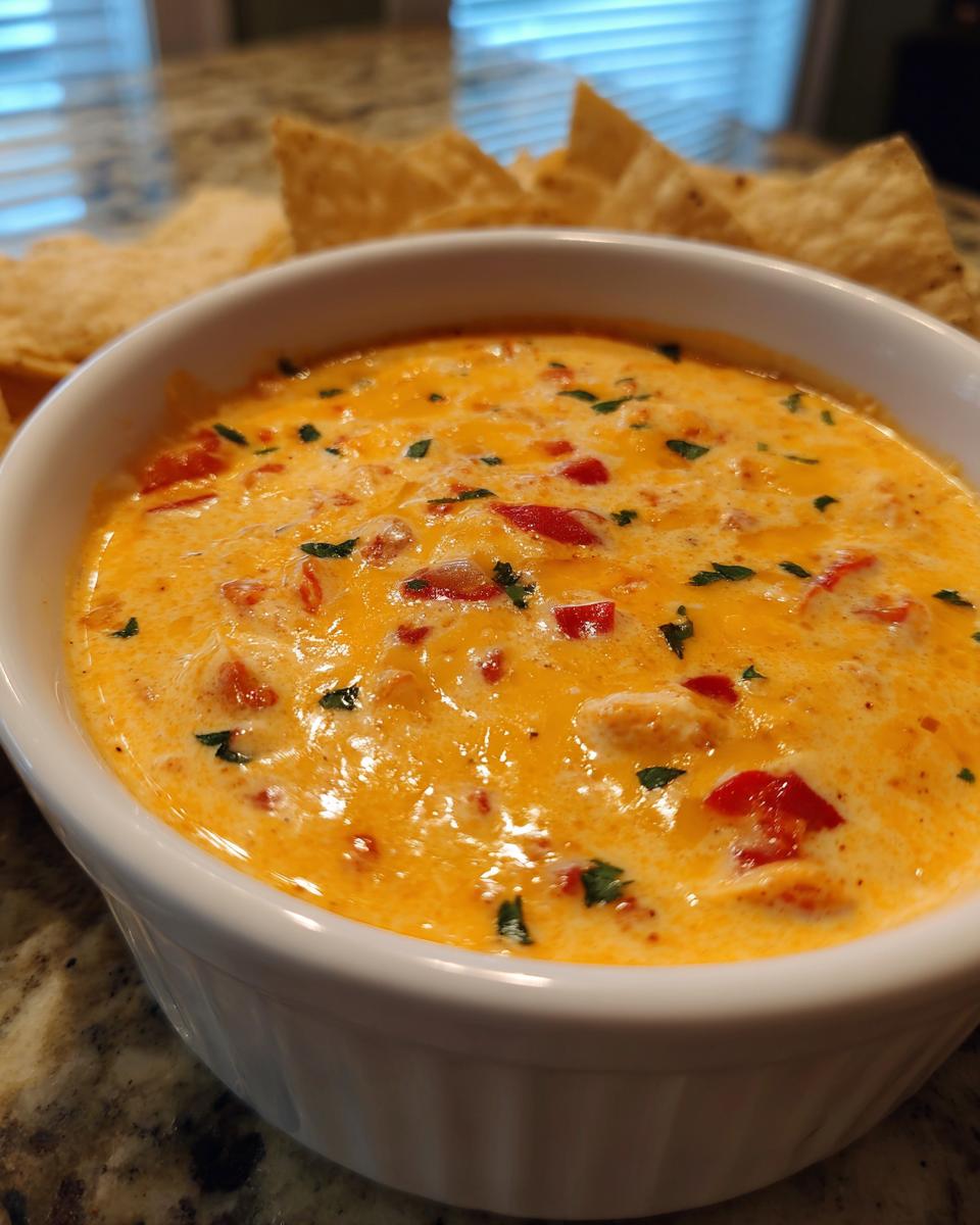 Close-up of a warm, creamy Rotel Dip garnished with parsley and served with tortilla chips.